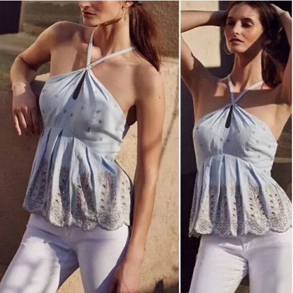 Anthropologie Moulinette Soeurs Blue Tan Shirt Top Sz Large Peplum Embroidery - Picture 1 of 15